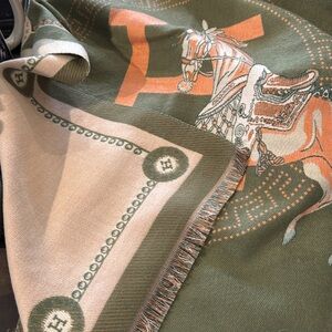 Cashmere feel horse scarf shawl wrap blanket olive green and peach/orange
